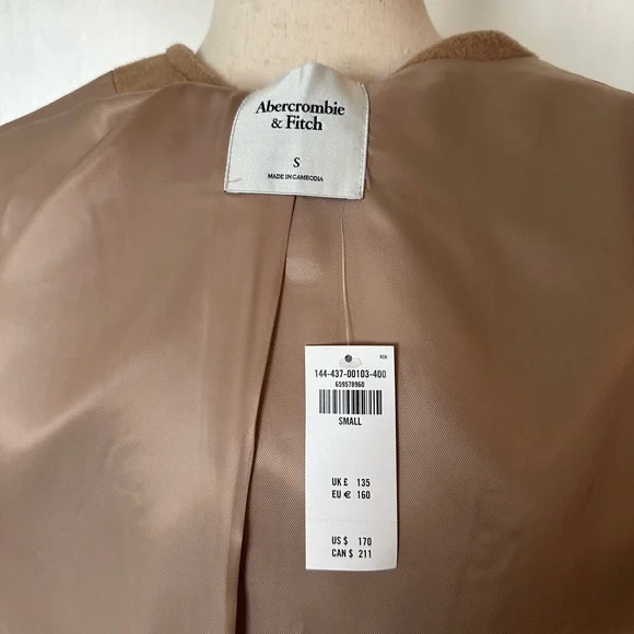 NWT Abercrombie & Fitch Wool Blend Tan Button Peacoat Coat with Scarf Sz S - Picture 7 of 8